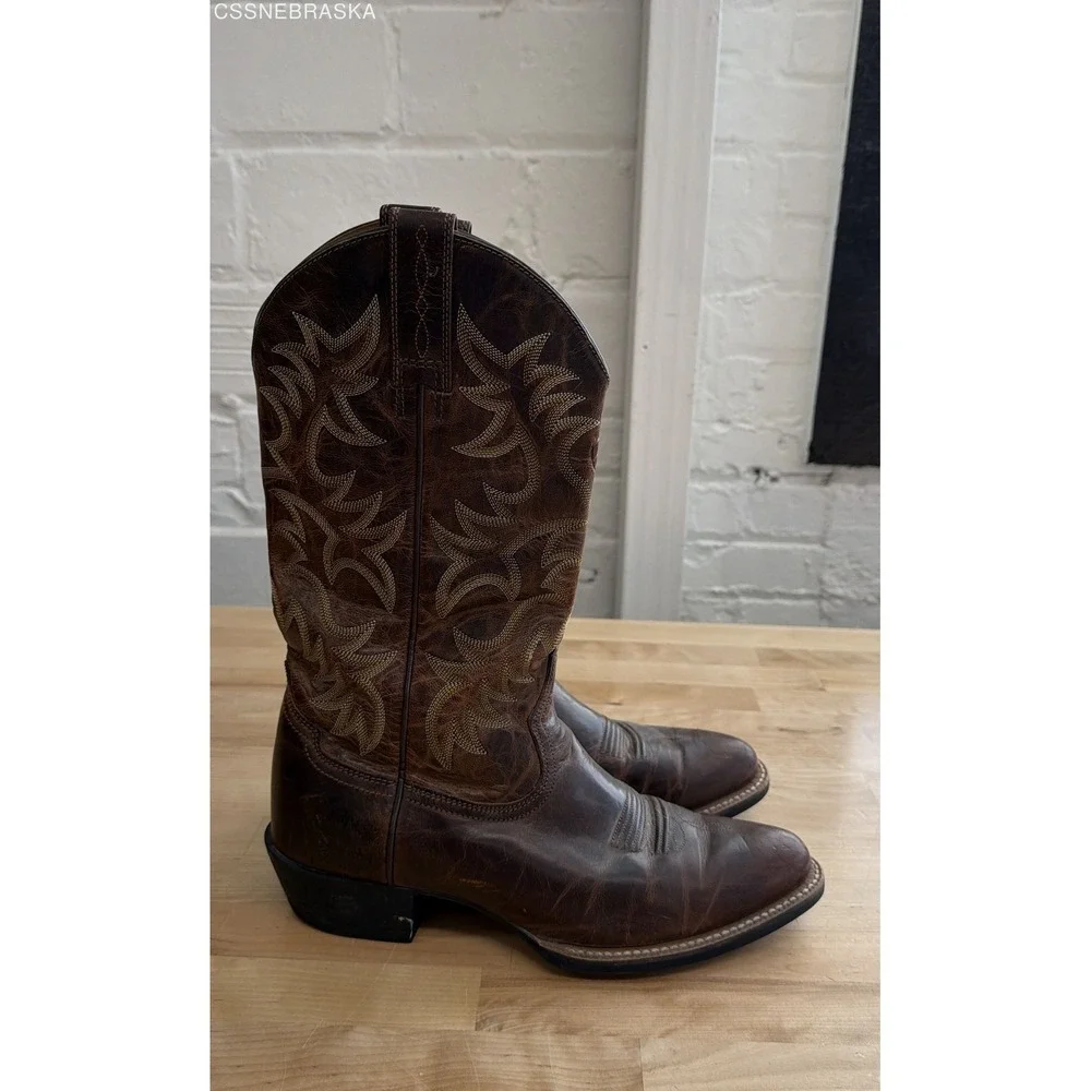 Ariat Heritage Western R-Toe Distressed Brown Leather Cowboy Boots Men's 8.5D - Picture 2 of 10